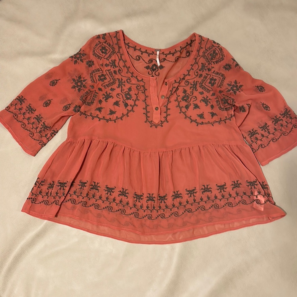 Free People Rust Embroidered Peasant Top Size Medium